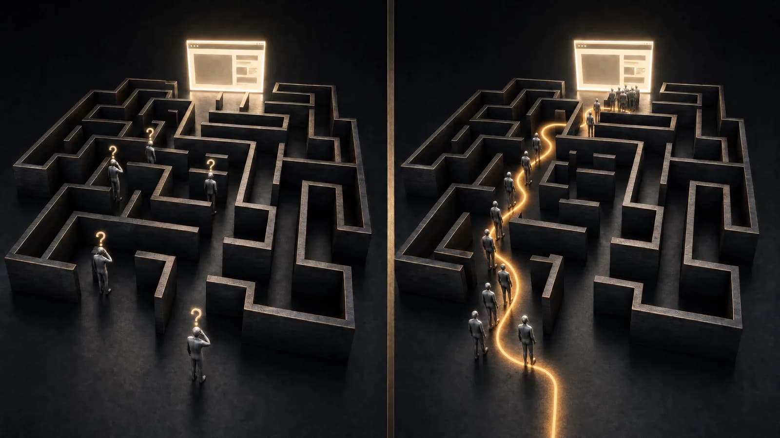 Visualisierung von ungeführter versus geführter KI-Navigation zur Website